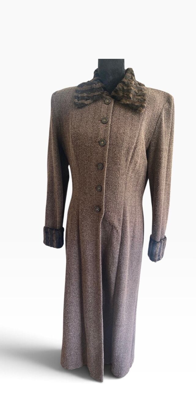 Vintage 80s Caché Brown Maxi Coat Size 8 Faux Fur Trim Shoulder Pads Long Duster